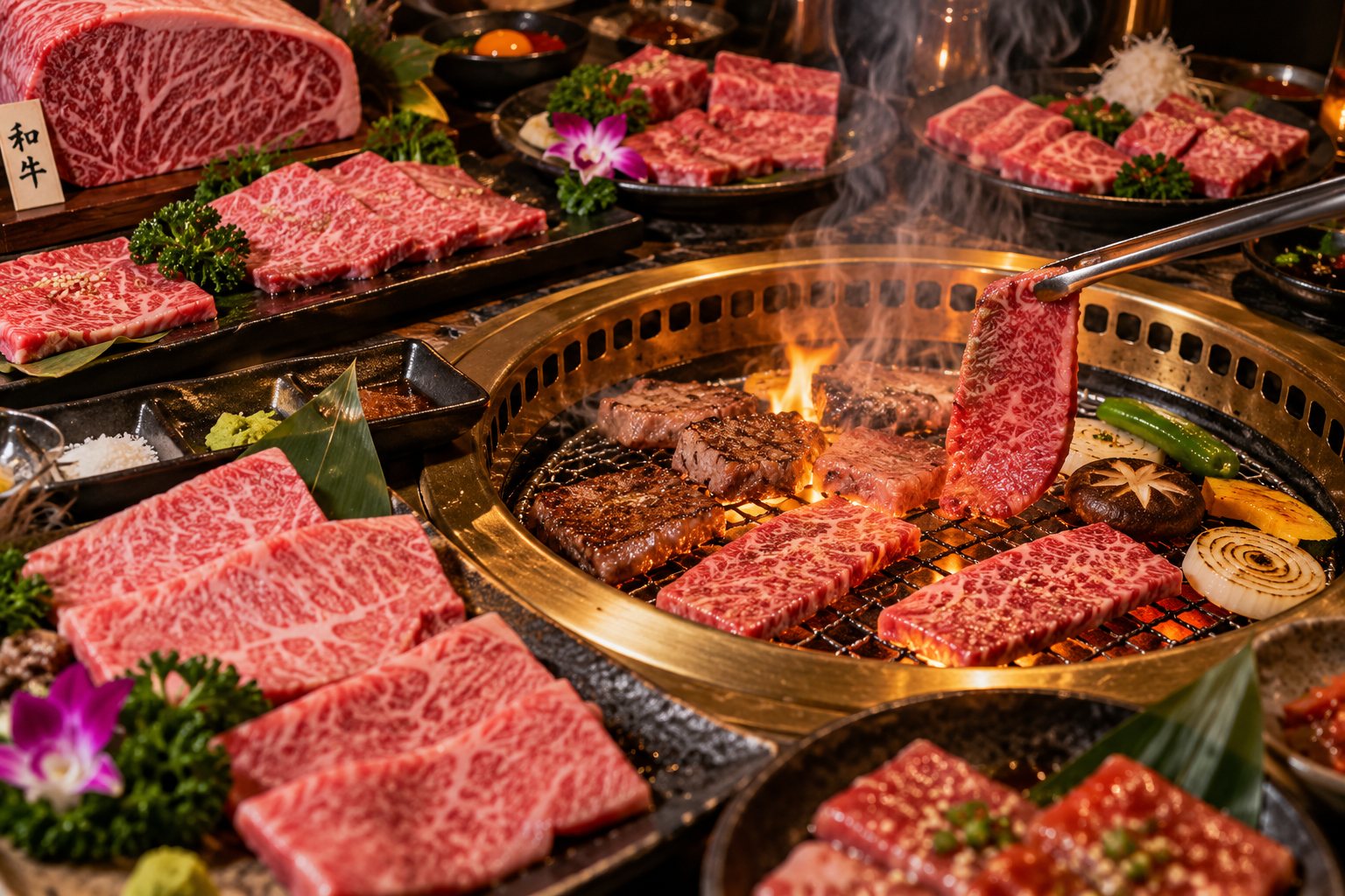 Wagyu spread around the grill
