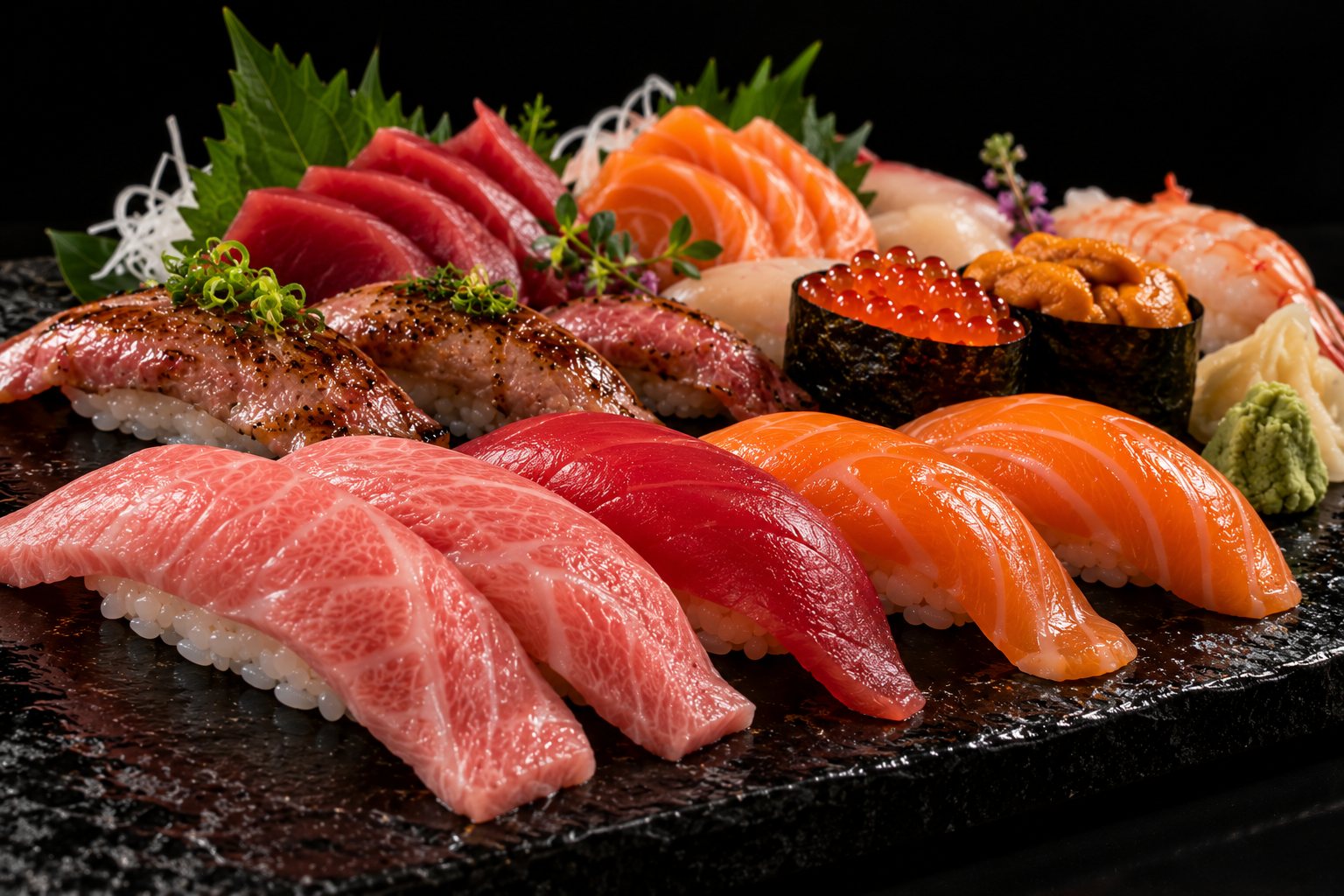 Toro, akami, salmon and seared wagyu nigiri