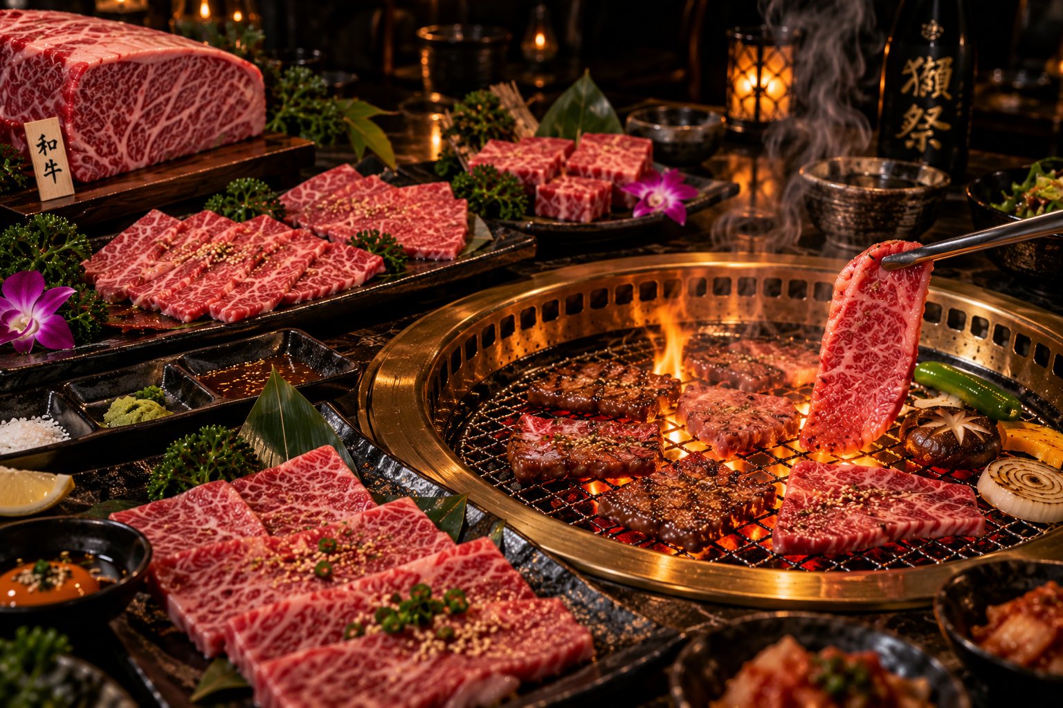 Marbled wagyu on a tabletop charcoal grill