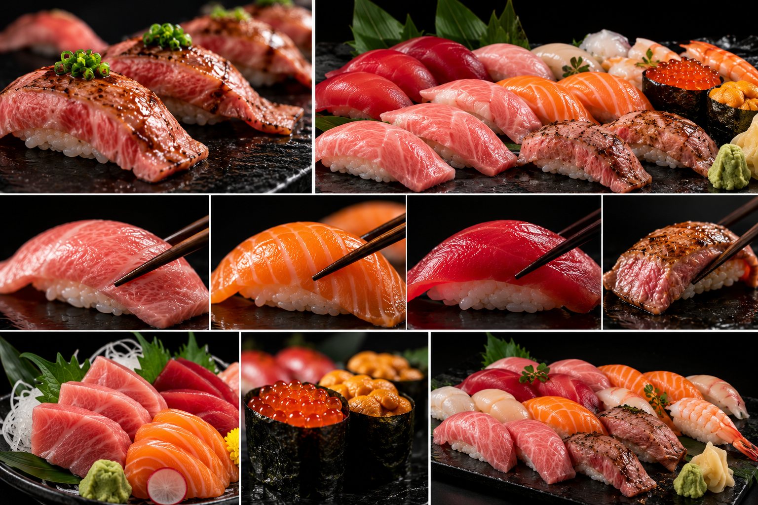 A spread of nigiri, sashimi, ikura and uni